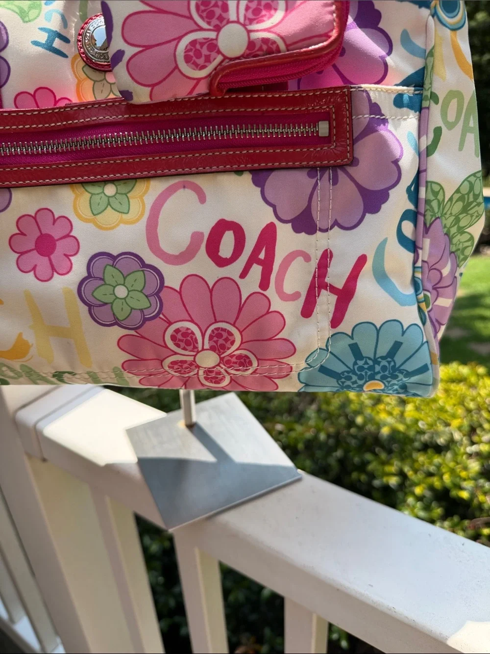 Coach 2010 Y2K Poppy Daisy Multicolor Floral Canvas Tote with Pink Handles SET