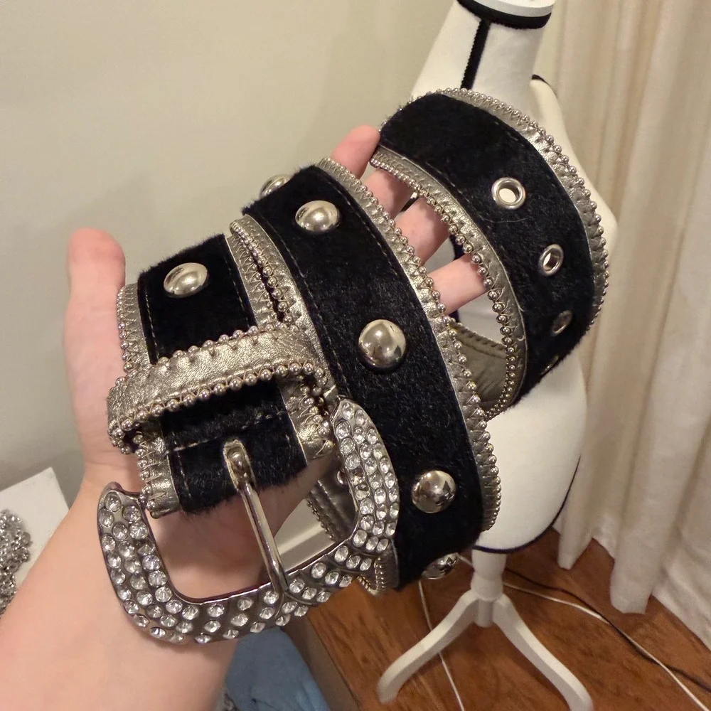 Black Faux Calf Hair Rhinestone Studded Western Belt Silver Buckle 38 Inch