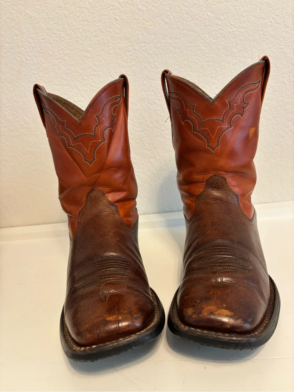 ARIAT HERITAGE BROWN & AMBER LEATHER SQUARE TOE COWBOY BOOTS #53384 MEN'S 8.5D