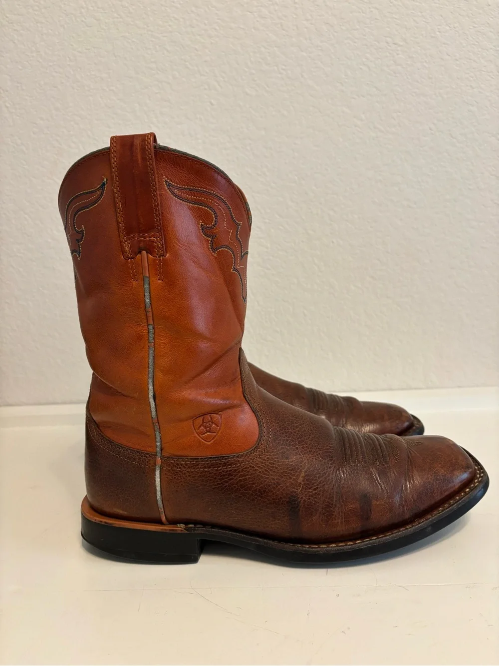 ARIAT HERITAGE BROWN & AMBER LEATHER SQUARE TOE COWBOY BOOTS #53384 MEN'S 8.5D