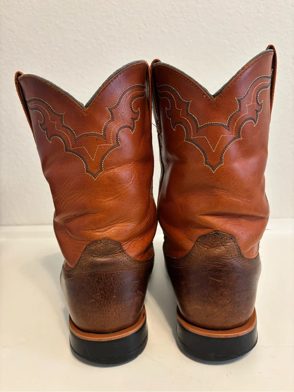 ARIAT HERITAGE BROWN & AMBER LEATHER SQUARE TOE COWBOY BOOTS #53384 MEN'S 8.5D