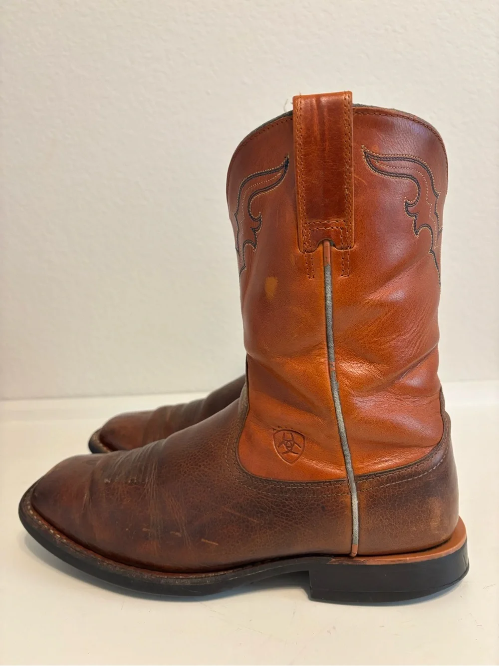 ARIAT HERITAGE BROWN & AMBER LEATHER SQUARE TOE COWBOY BOOTS #53384 MEN'S 8.5D