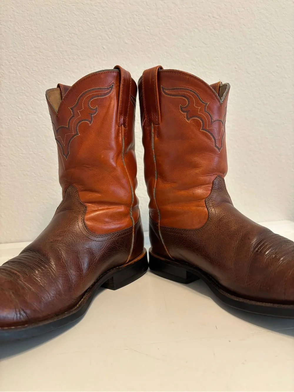 ARIAT HERITAGE BROWN & AMBER LEATHER SQUARE TOE COWBOY BOOTS #53384 MEN'S 8.5D