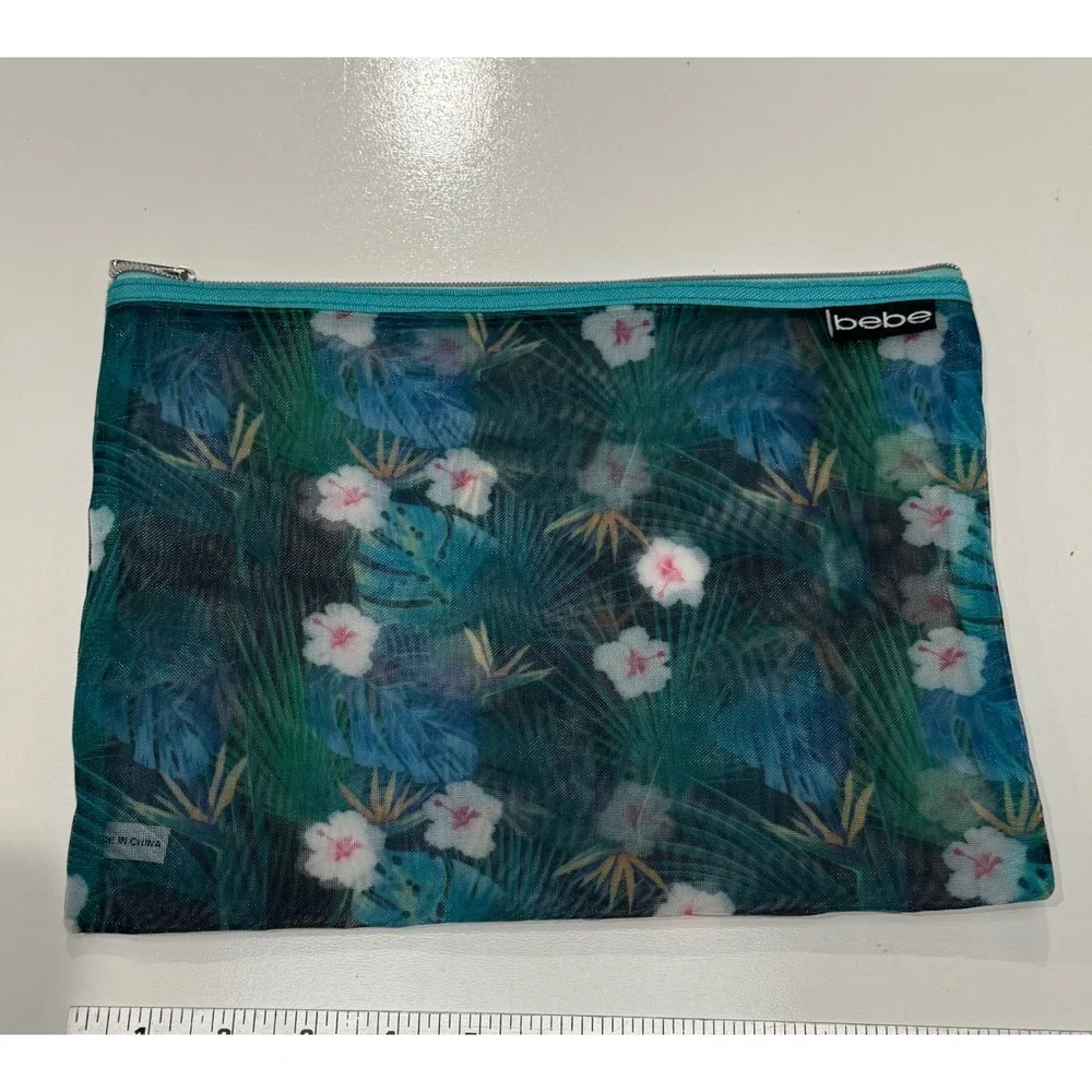 Bebe Tropical Floral Mesh Cosmetic Bag Teal Blue Hibiscus Travel Pouch Zipper