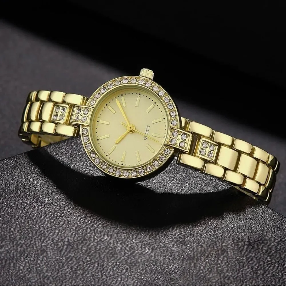 Women’s Gold Bracelet Watch Small Round Quartz Dial Crystal Bezel Rhinestone 90s