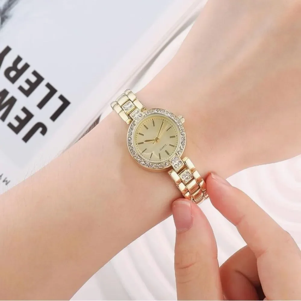 Women’s Gold Bracelet Watch Small Round Quartz Dial Crystal Bezel Rhinestone 90s