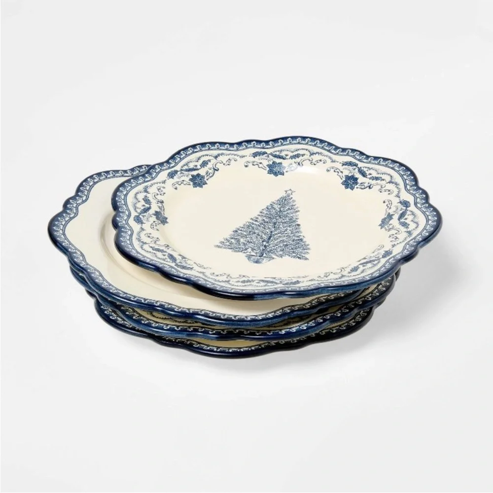 4pk 8” Stoneware Salad Appetizer Christmas Plates Blue - Threshold Studio McGee