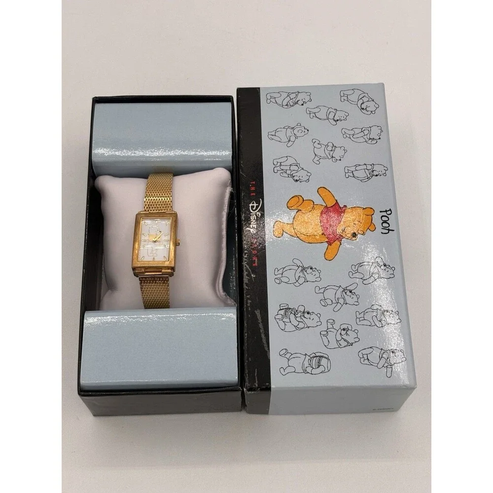 Vintage Disney Winnie the Pooh Tank Watch 18mm Womens Gold Tone New Battery