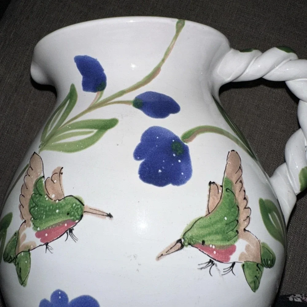 Mesa International Hungarian Pottery Hummingbird‎ Design Pitcher Hungary Signed