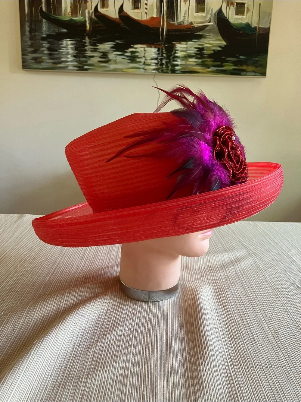 Elegant Red Wide-Brim Feathered Hat