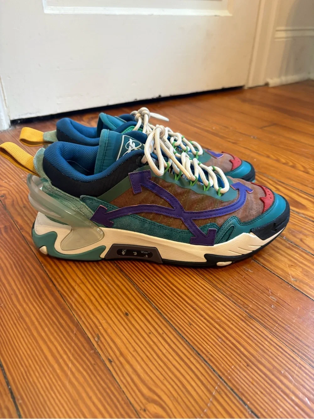 Off-White Odsy 2000 Colorblock Arrow Sneakers in Teal, Purple & Red