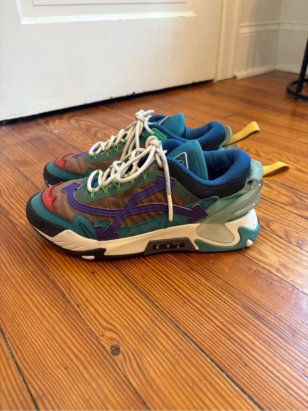 Off-White Odsy 2000 Colorblock Arrow Sneakers in Teal, Purple & Red