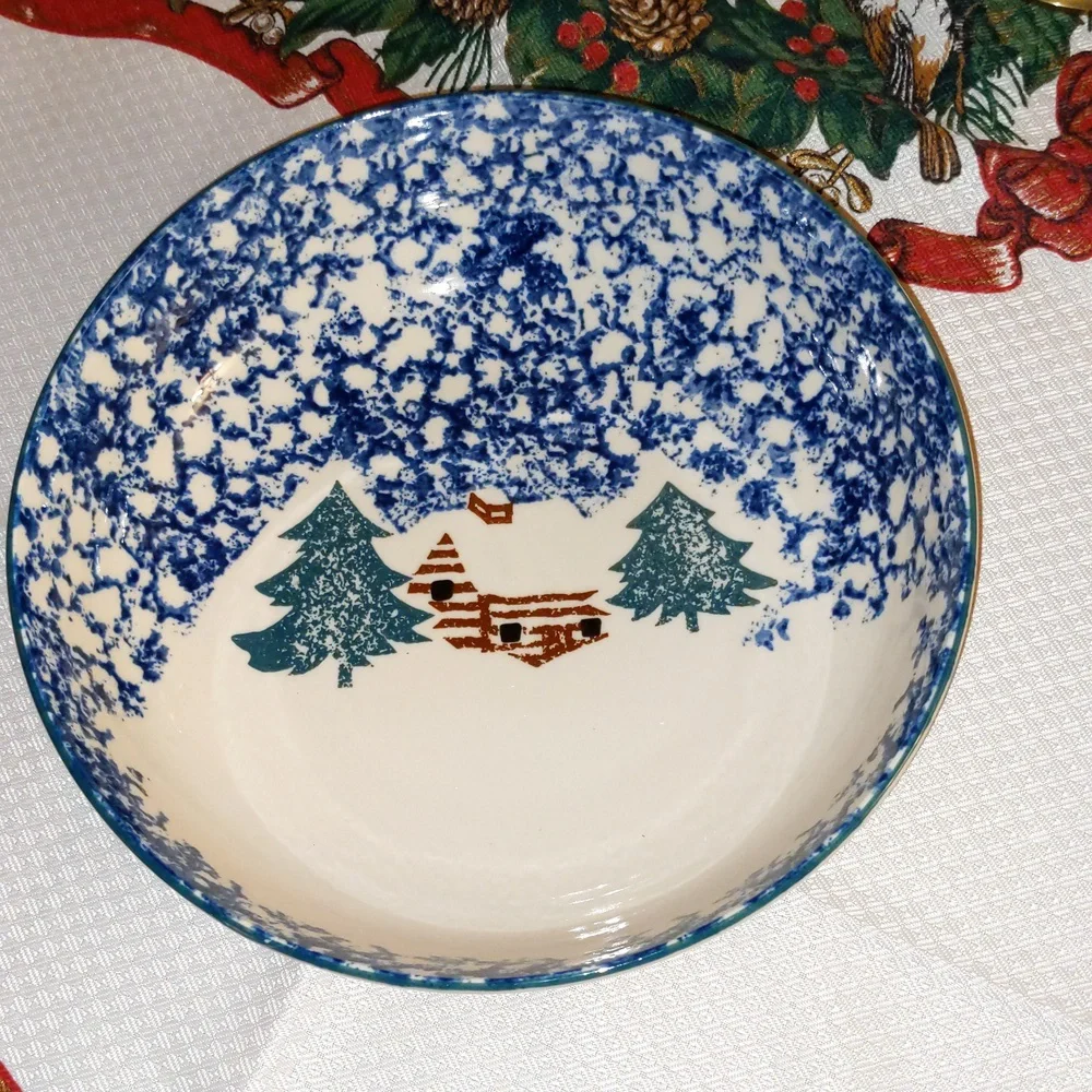 Vtg Serving Bowl Folk Craft Cabin In The Snow 9