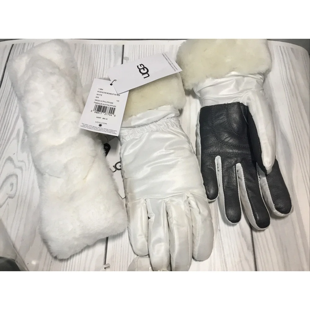UGG Women's Shearling Cuff Fur Lined Tech Gloves‎ in White & Headband Size S/M