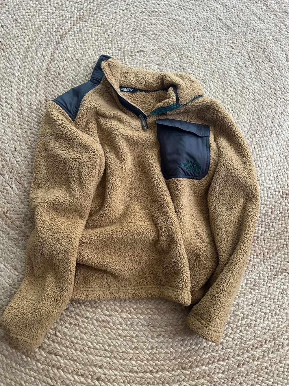 The North Face Tan Sherpa Pullover with Dark Chest Pocket