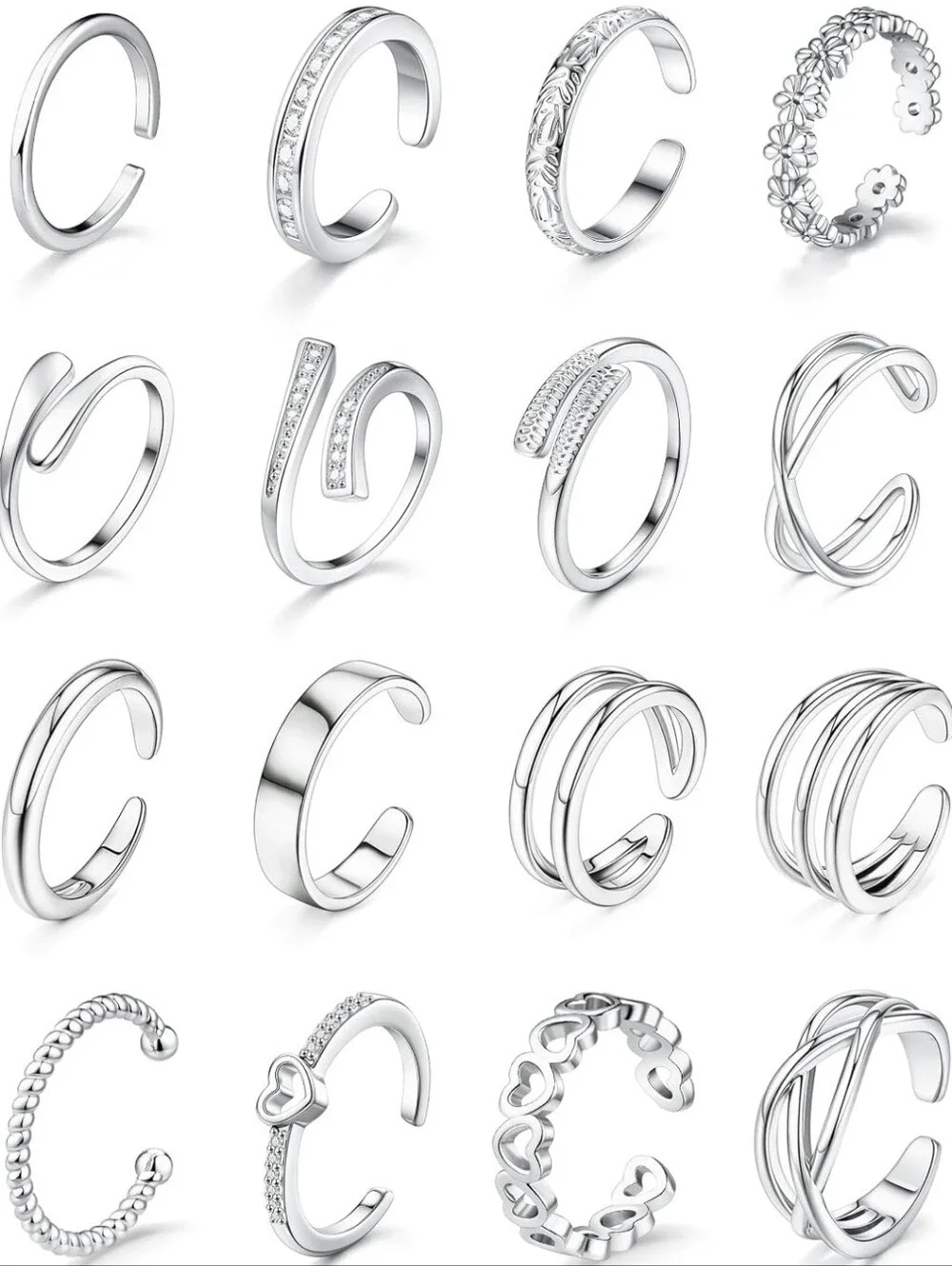 Open Toe Midi Rings - Silver, Set of 16