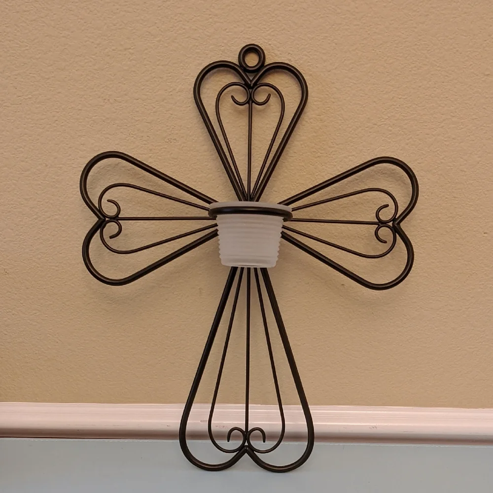 PartyLite Metal Scroll Cross Wall Sconce Votive Candle Holder Black Religious