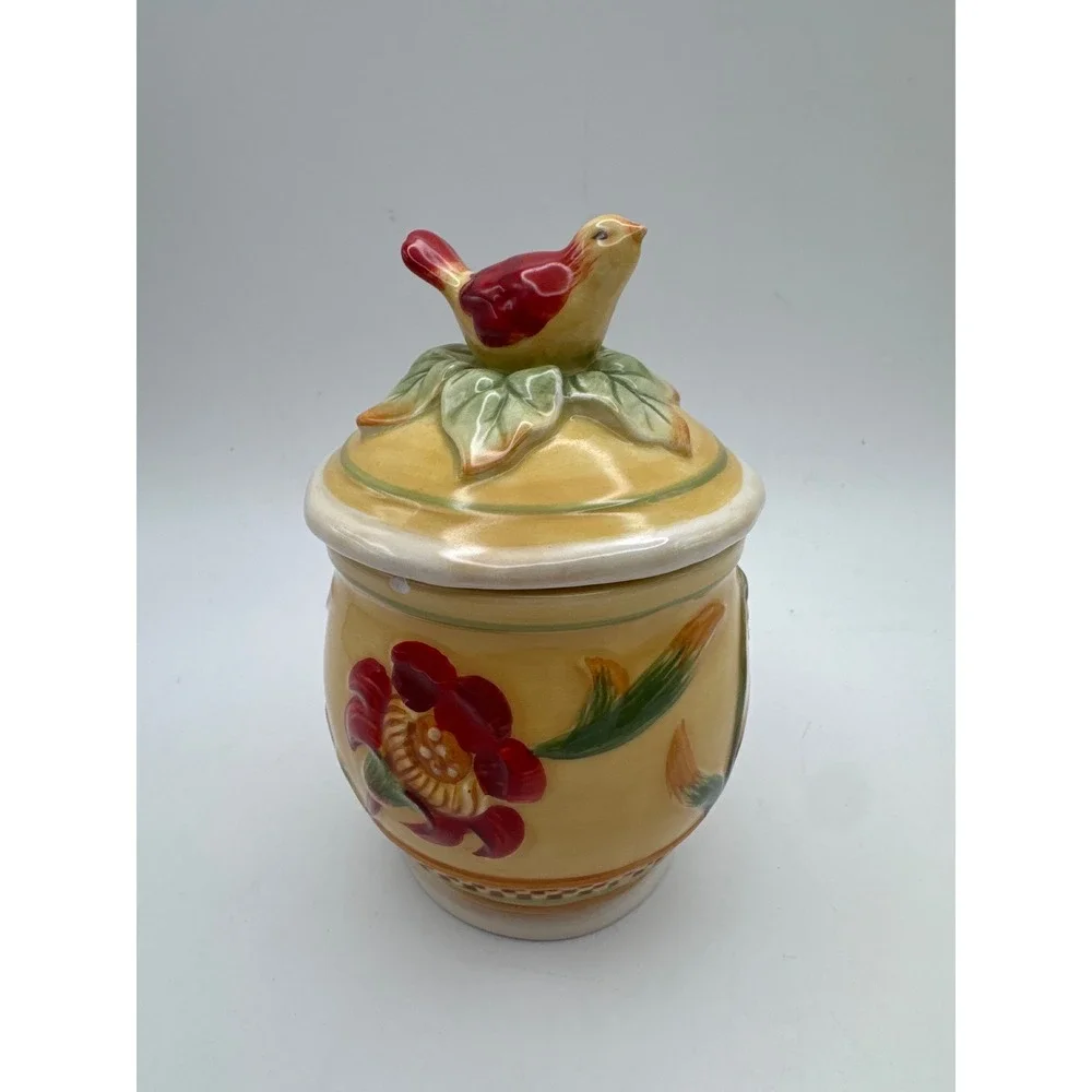 Fitz & Floyd Bellacara Sugar Bowl or Condiment Jar w Bird Lid Yellow‎ HTF