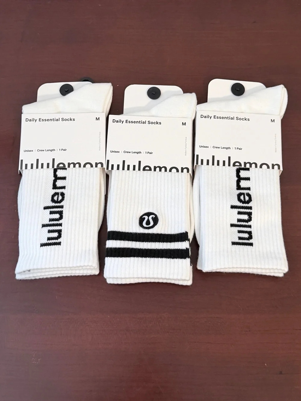 Lululemon Athletica White Crew Socks w/ Black Wordmark Logos and Stripes Medium