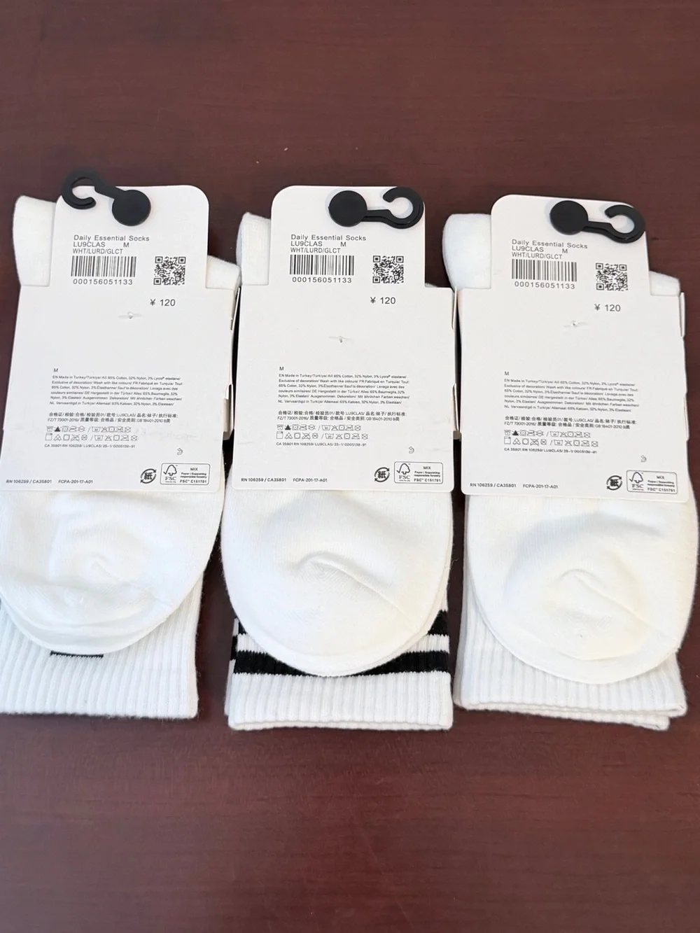Lululemon Athletica White Crew Socks w/ Black Wordmark Logos and Stripes Medium