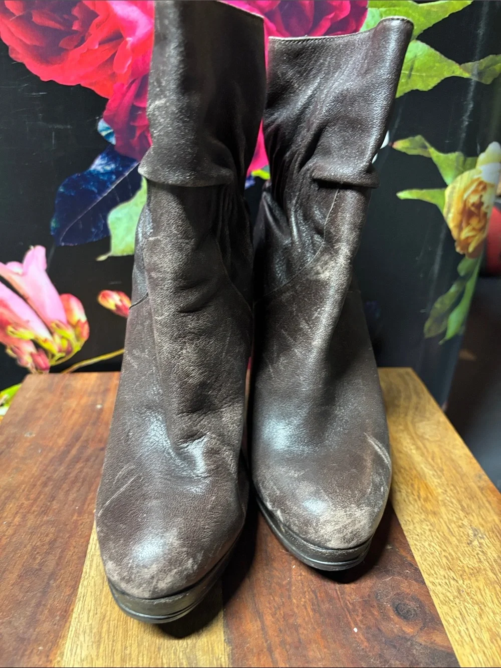 Michael Kors Dark Brown Leather Vintage Slouch High Heel Ankle Boots