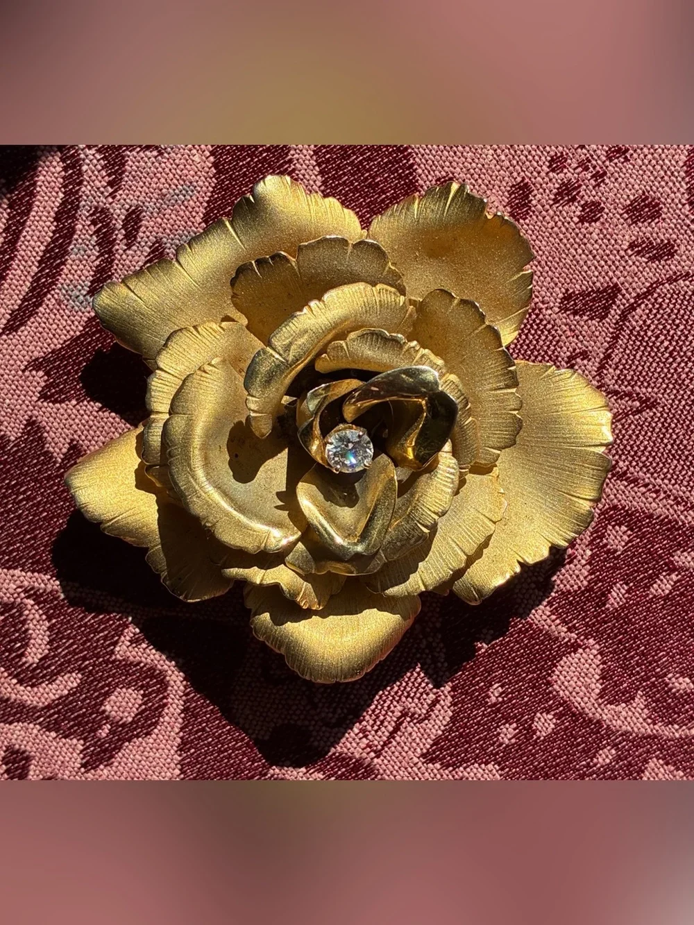 Vintage Gold Floral Rose Brooch with Center Crystal Accent