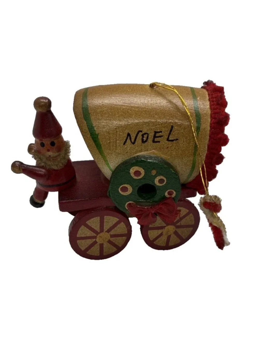 Vintage Wooden Santa Noel Covered Wagon Christmas Ornament Rustic Holiday Decor