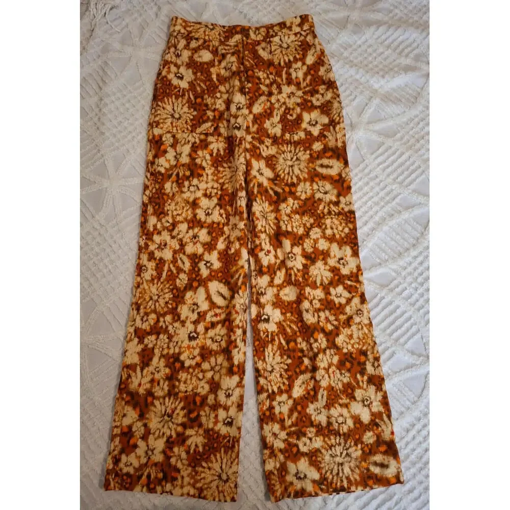 Zara Brown and Cream Floral Wide-Leg Linen Blend Pants
