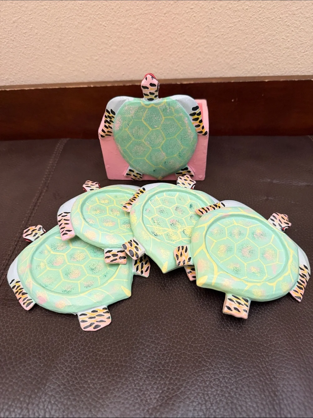 Hand Painted Wooden Folk Art Turtle Coasters Set of 4 in Pastel Green & Pink