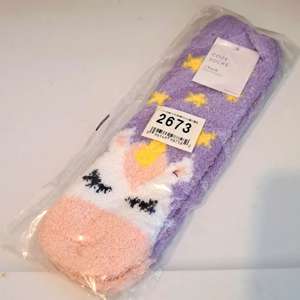Unicorn Cozy Fluffy Crew Socks Yellow Stars Lavender