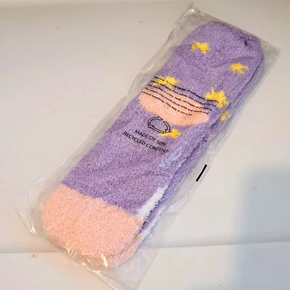 Unicorn Cozy Fluffy Crew Socks Yellow Stars Lavender