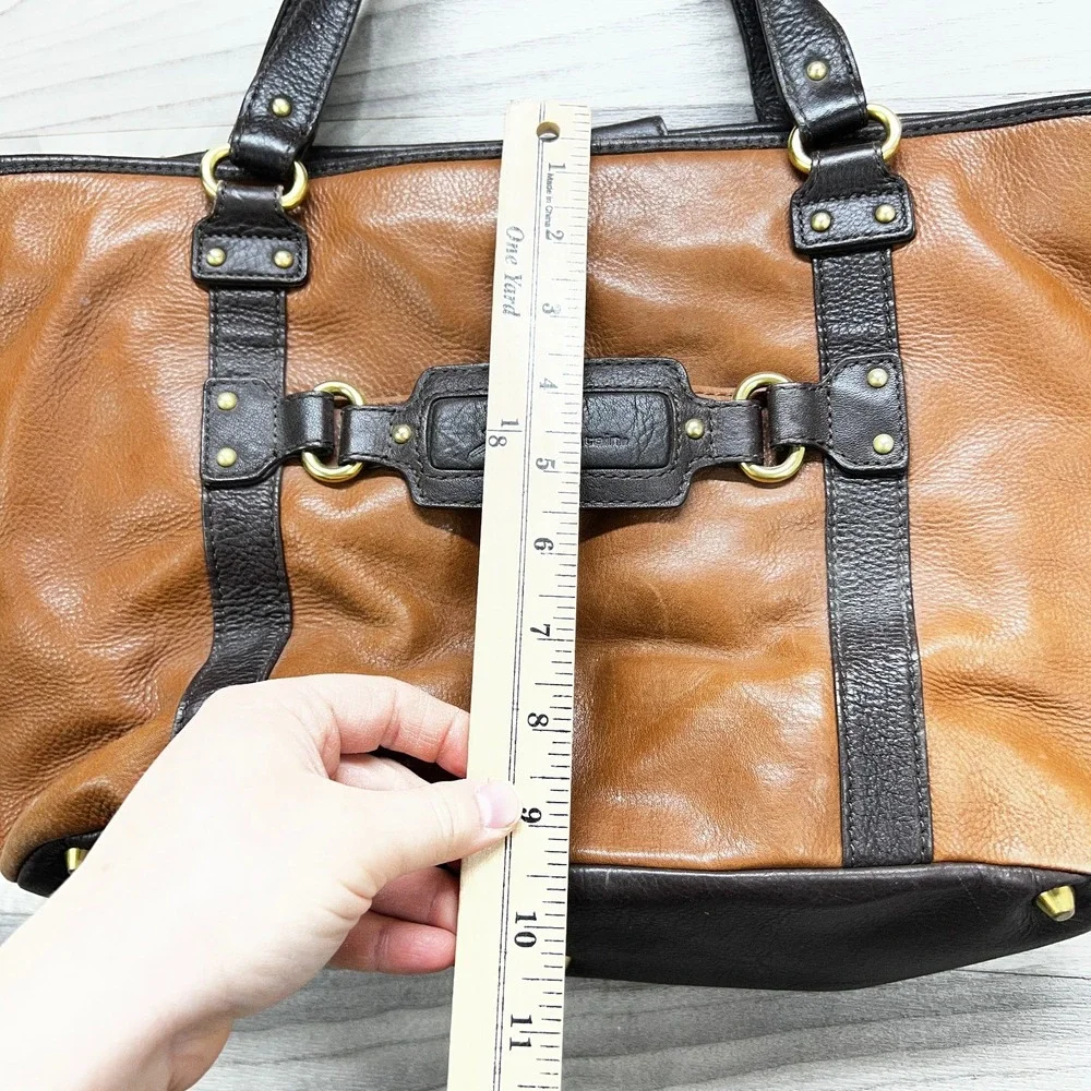 Stone Mountain‎ Leather Tote Bag Women's Brown Black Studded Detail Zip Pockets