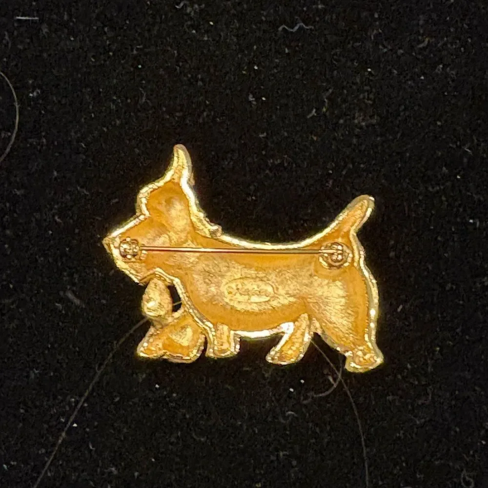 VTG Napier Gold Tone Scottish Terrier Dog Brooch with Red Crystals on Collar