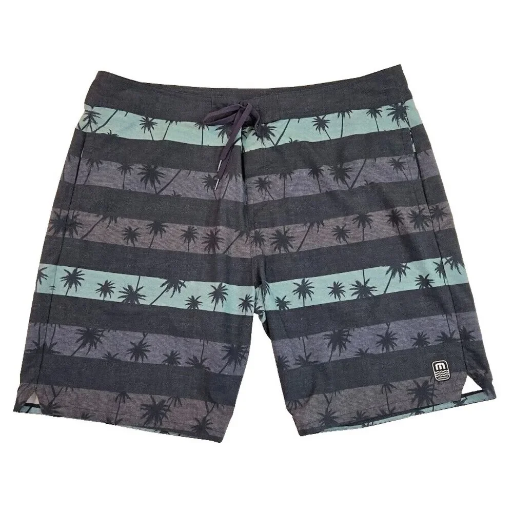 Travis Mathew Board Shorts Men's Size 40 Blue Striped‎ Palm Trees Swim Trunks