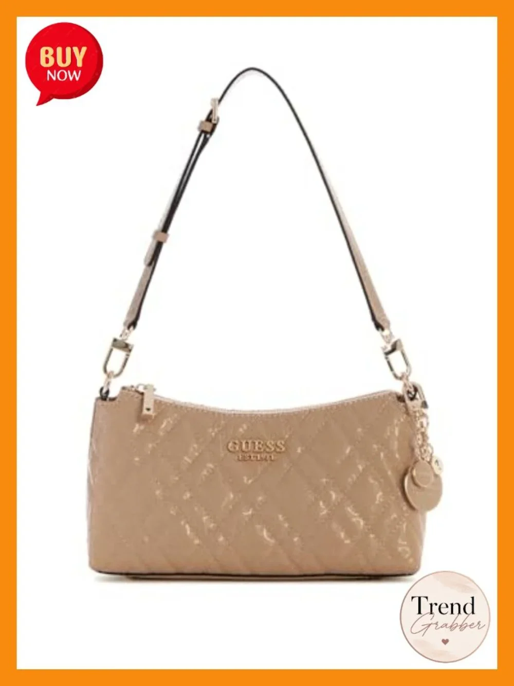 Satchel Shoulder Bag with Removable Charm - Zip & Slip Pockets, Shiny Gold