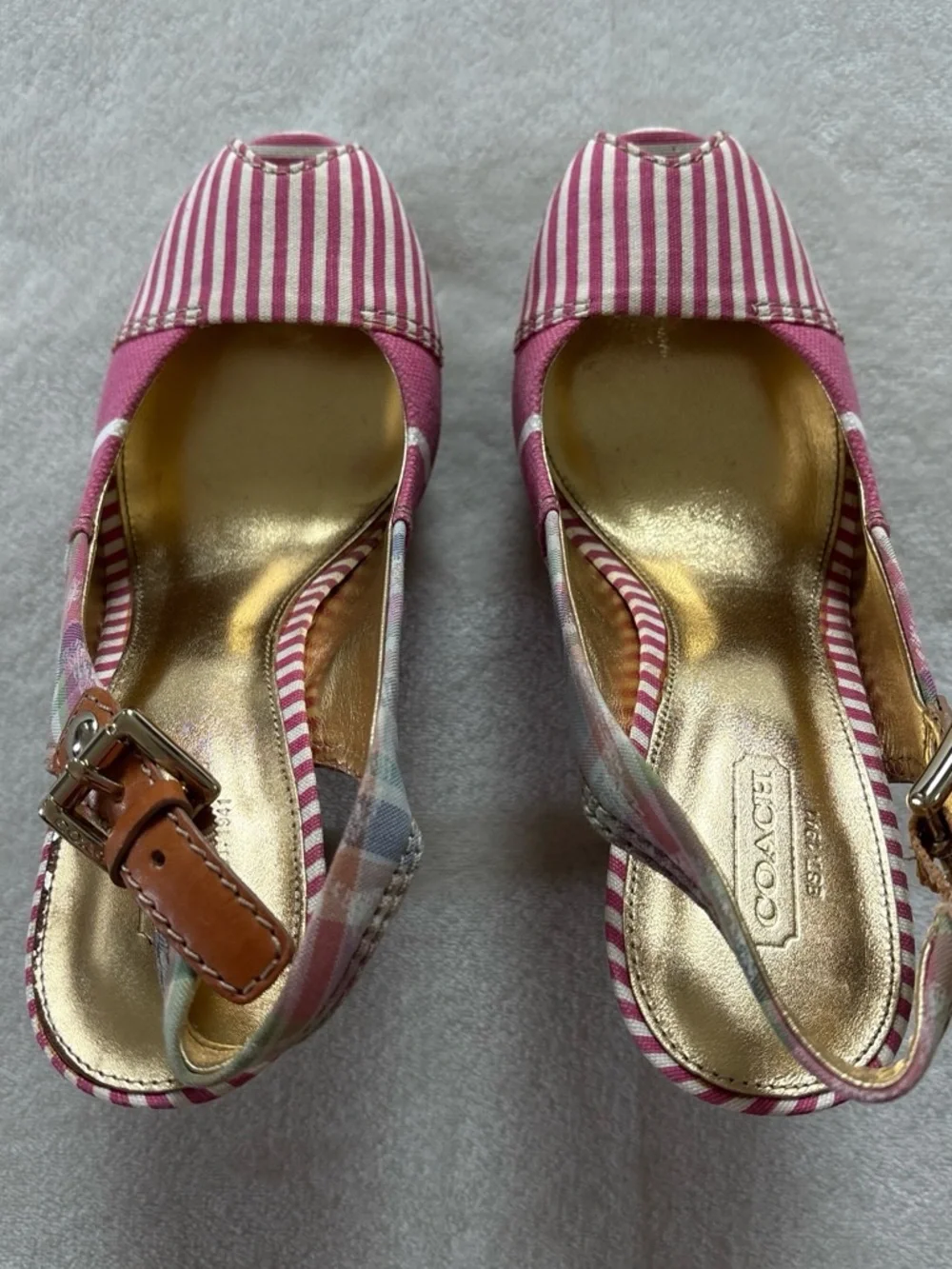 COACH Berli Poppy Pink Patchwork Monogram Peep Toe Slingback Platform Heels US 7