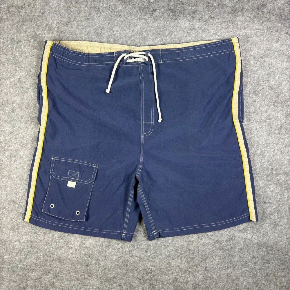 Vintage Rise Board Shorts Navy Blue Striped Cargo Swim Trunks Mens Large 264