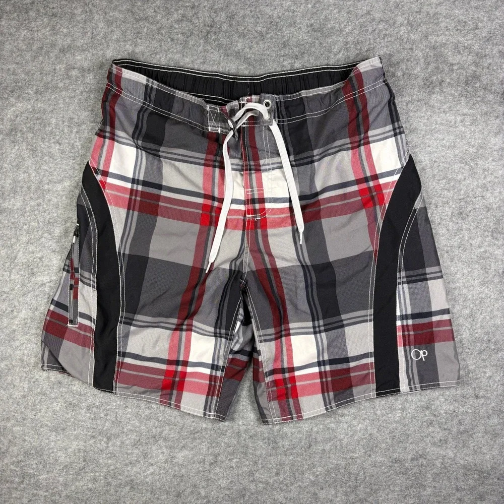 OP Ocean Pacific Board Shorts Mens Large Grey Red Plaid Swim Trunks Side Pocket