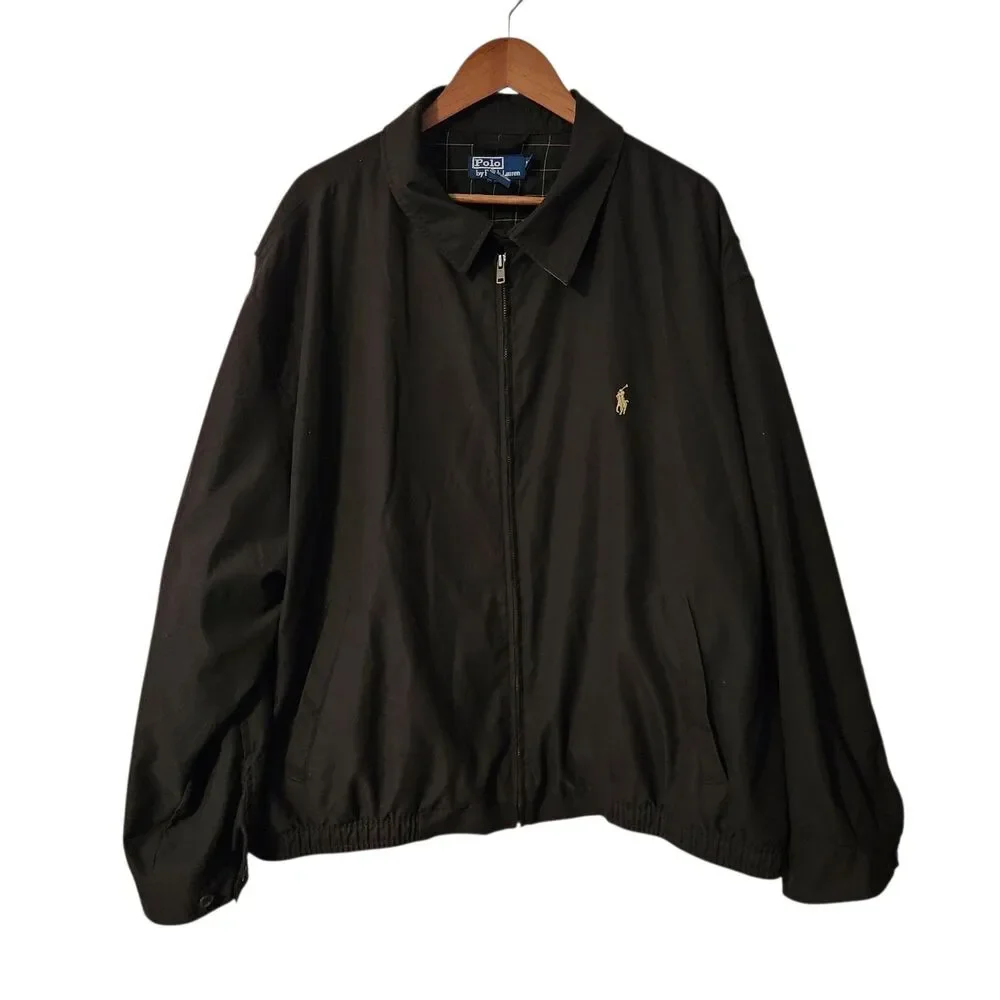 Vtg Polo Ralph Lauren Black Harrington Jacket Plaid Lined Zip Up Mens Sz 3XB Big