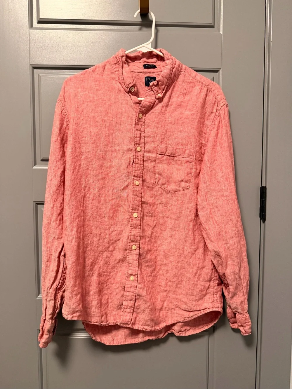 J.Crew Red/Coral Button-Down 100% Linen Slim Fit Shirt LARGE