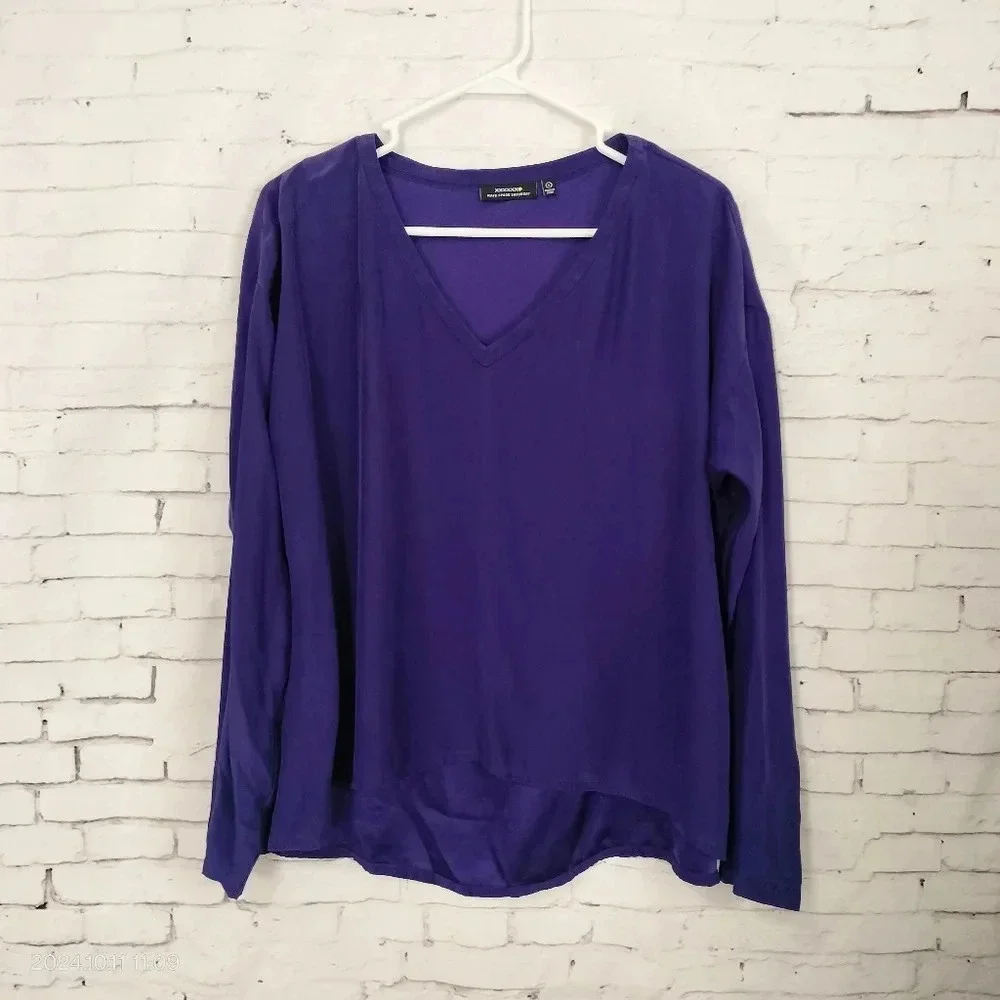 Kate Spade Saturday Sz Small Women Purple Top Long Sleeves Round Neck Hi Lo Hem