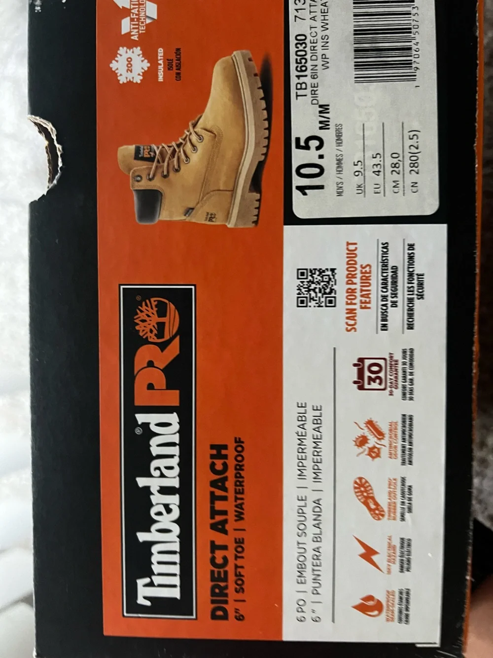 Timberland PRO Wheat/Black Work Boot Box Featuring Orange Branding
