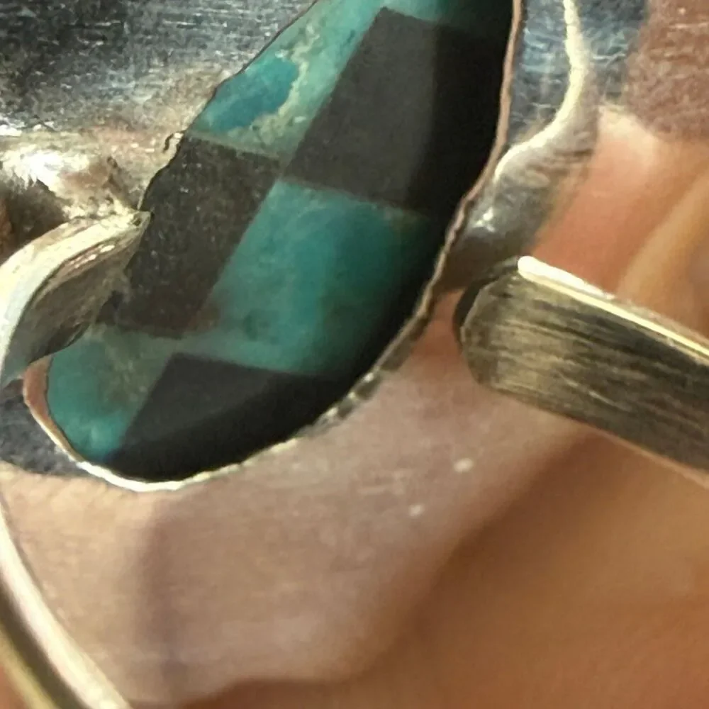 Trendy Southwest Aurora Opal And Onyx Checkerboard Sterling Silver Boho Ring