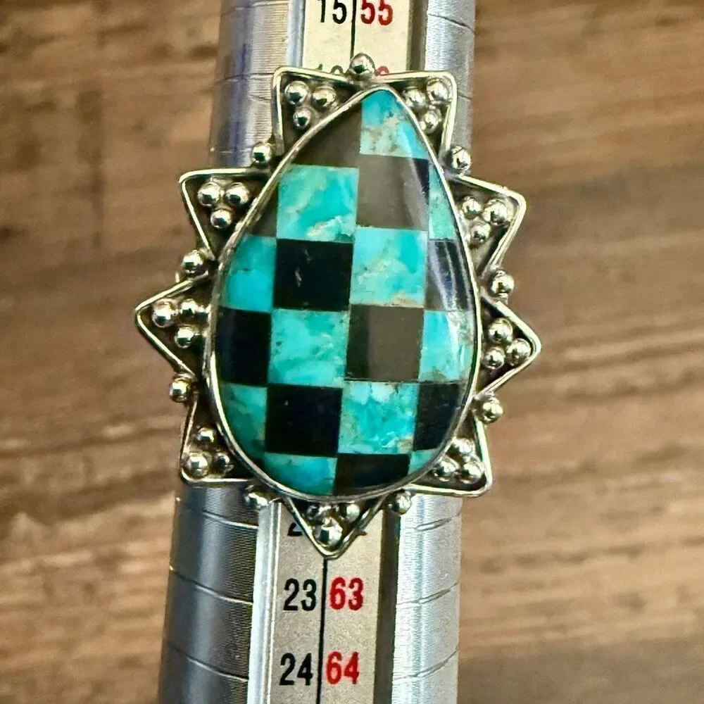 Trendy Southwest Aurora Opal And Onyx Checkerboard Sterling Silver Boho Ring