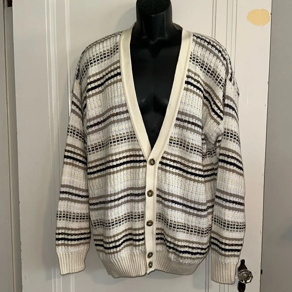 Vintage NWT Jantzen cream/ivory‎ striped cotton cardigan sweater
