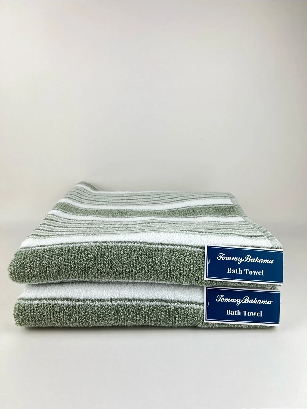 Tommy Bahama Bath Towels Riviera Sage Green White Striped Soft Cotton 2 Pc NEW