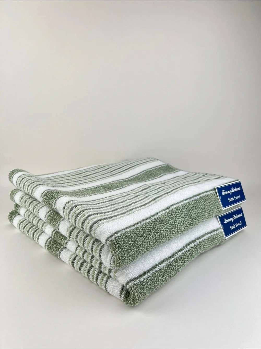 Tommy Bahama Bath Towels Riviera Sage Green White Striped Soft Cotton 2 Pc NEW