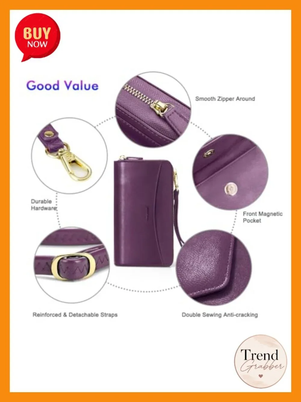 RFID Blocking Wristlet Wallet, Zip-Around Crossbody Clutch with 2 Removable