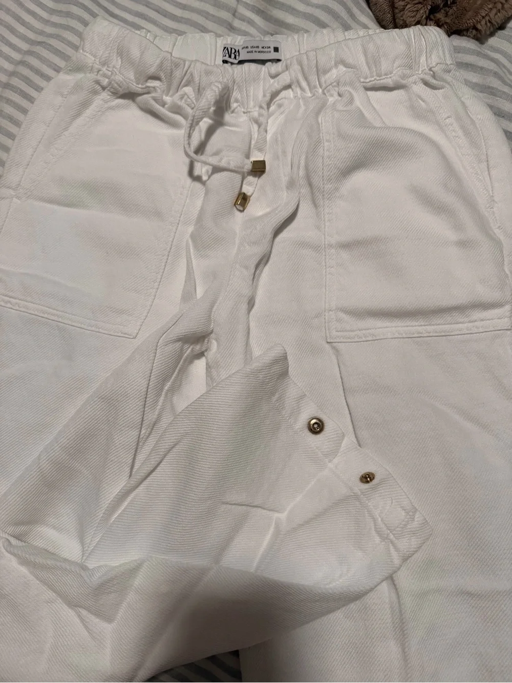 Zara Women's White Linen Straight-Leg Drawstring Pants