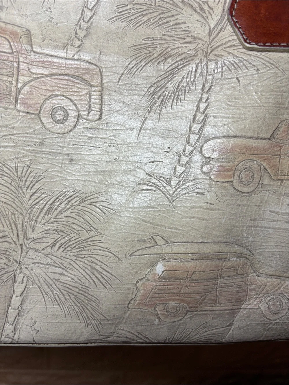 Brahmin Leather-Trim Beige & Brown Tote Bag w Copa Cabana Woody Car Palm Trees